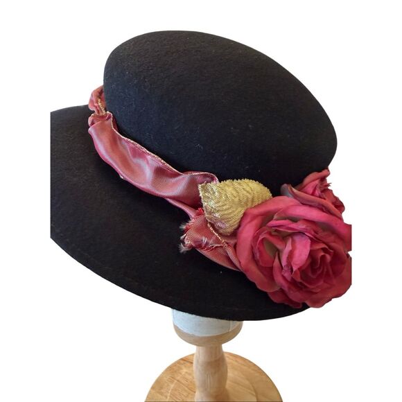 Vintage Hat Black Wool Felt With Rose Pink Ribbon and Flower Detail Romantic main image 4